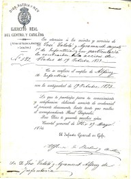 Document on Alfonso de Borbon y Austria, el nomenava alféres d'infanteria amb reconeixement de la data del 19 d'octubre del 1873, data de la coneguda "acció de Prades"