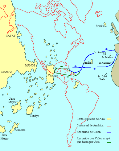 Asia tal como estaría situada según los cálculos de Colón. Mapa del profesor Javier Sáenz del Castillo.